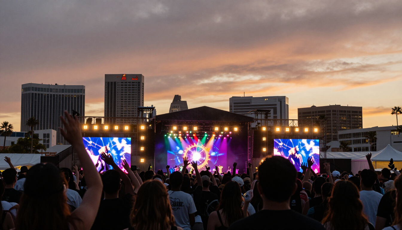 Crowd at Las Vegas Festival Grounds during a concert at sunset with the Las Vegas skyline in the background