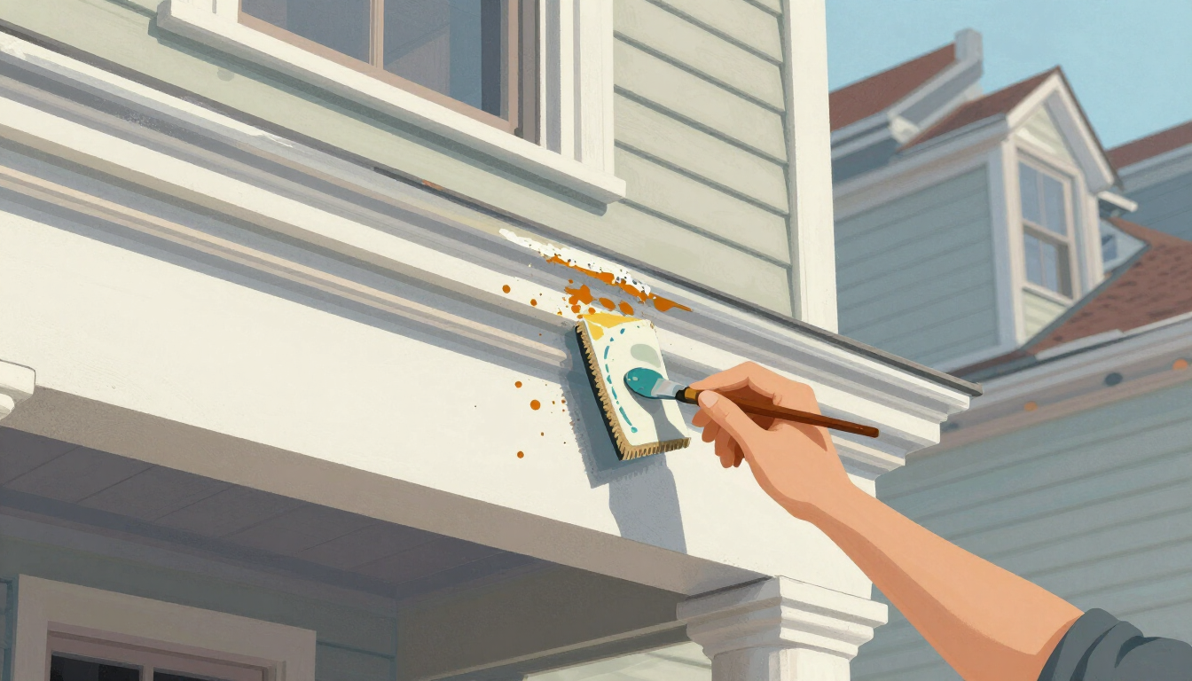 Illustrative painter carefully scraping loose old paint from detailed exterior trim on a historic Englewood NJ home