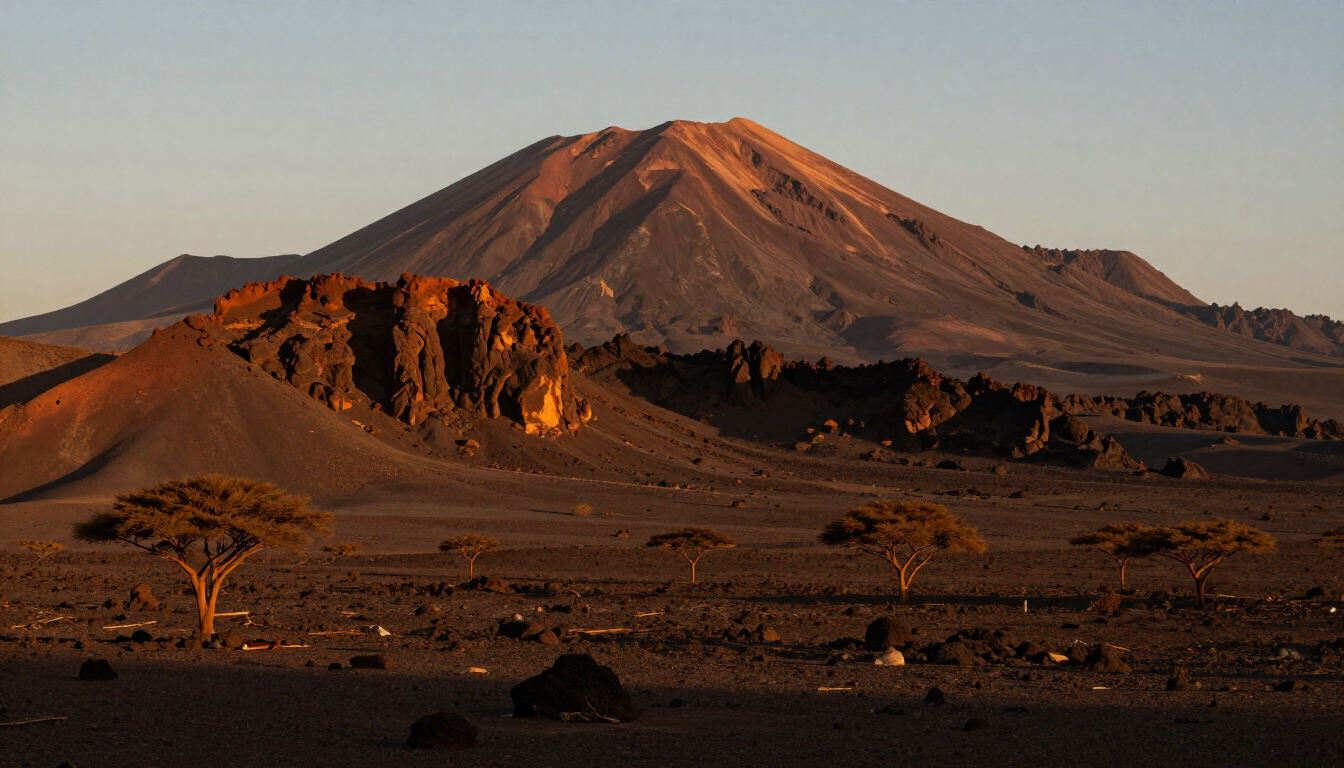 The volcanic Jbel Saghro massif rising above the desert-edge plain of southern Morocco at golden hour