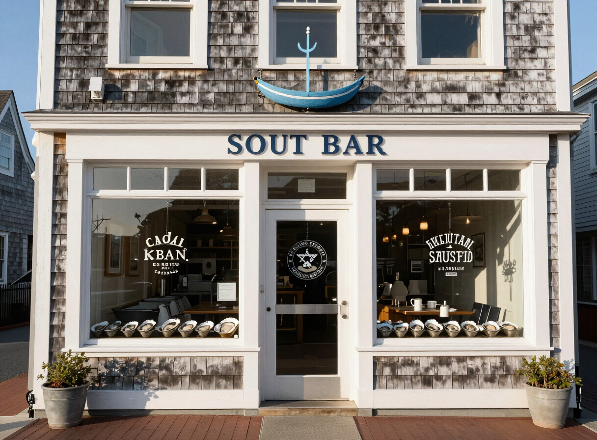 New England oyster bar with raw bar counter and chilled seafood platters in Cape Cod Massachusetts