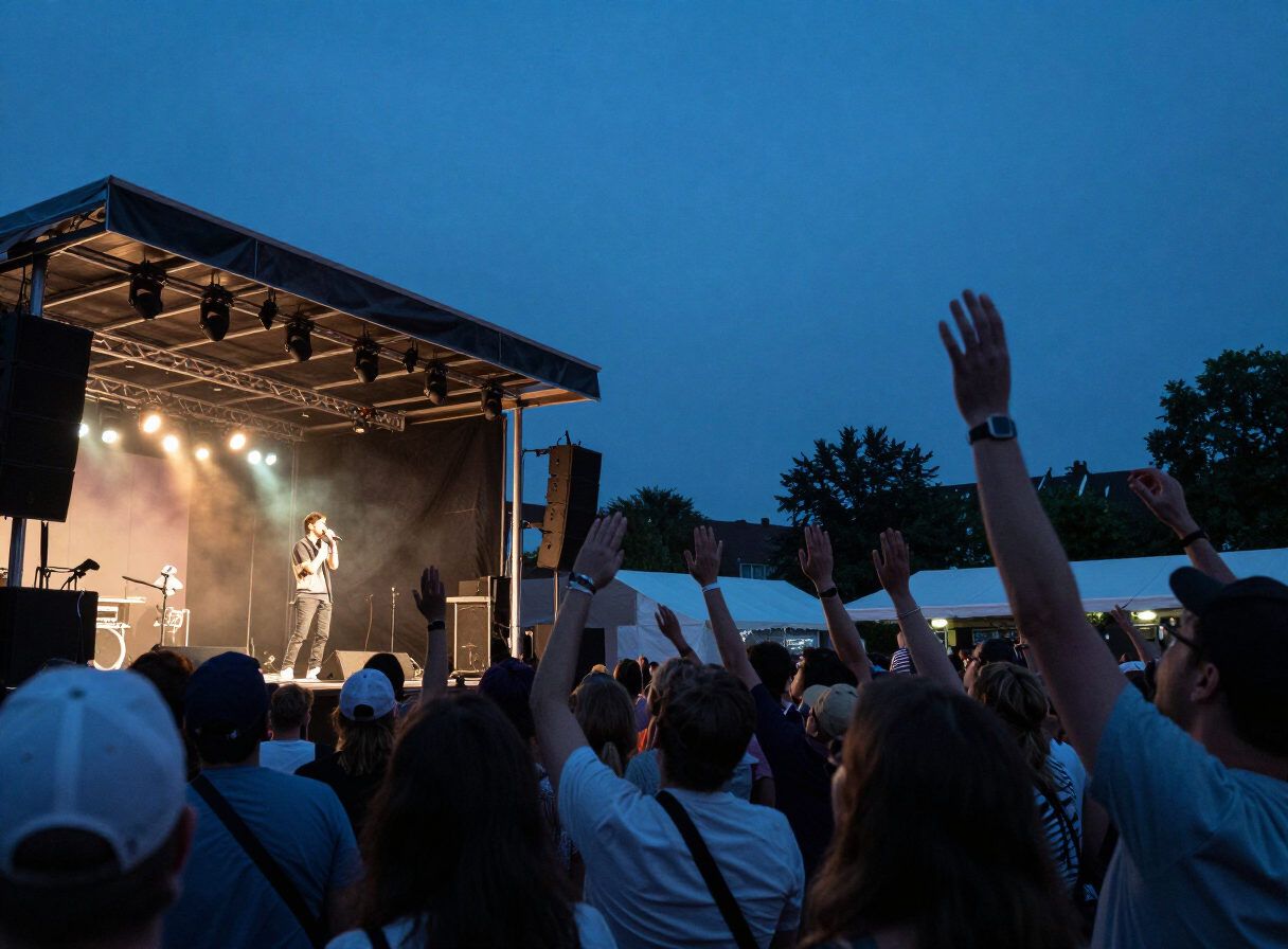 Singer on a small outdoor stage at blue hour with audience arms reaching upward