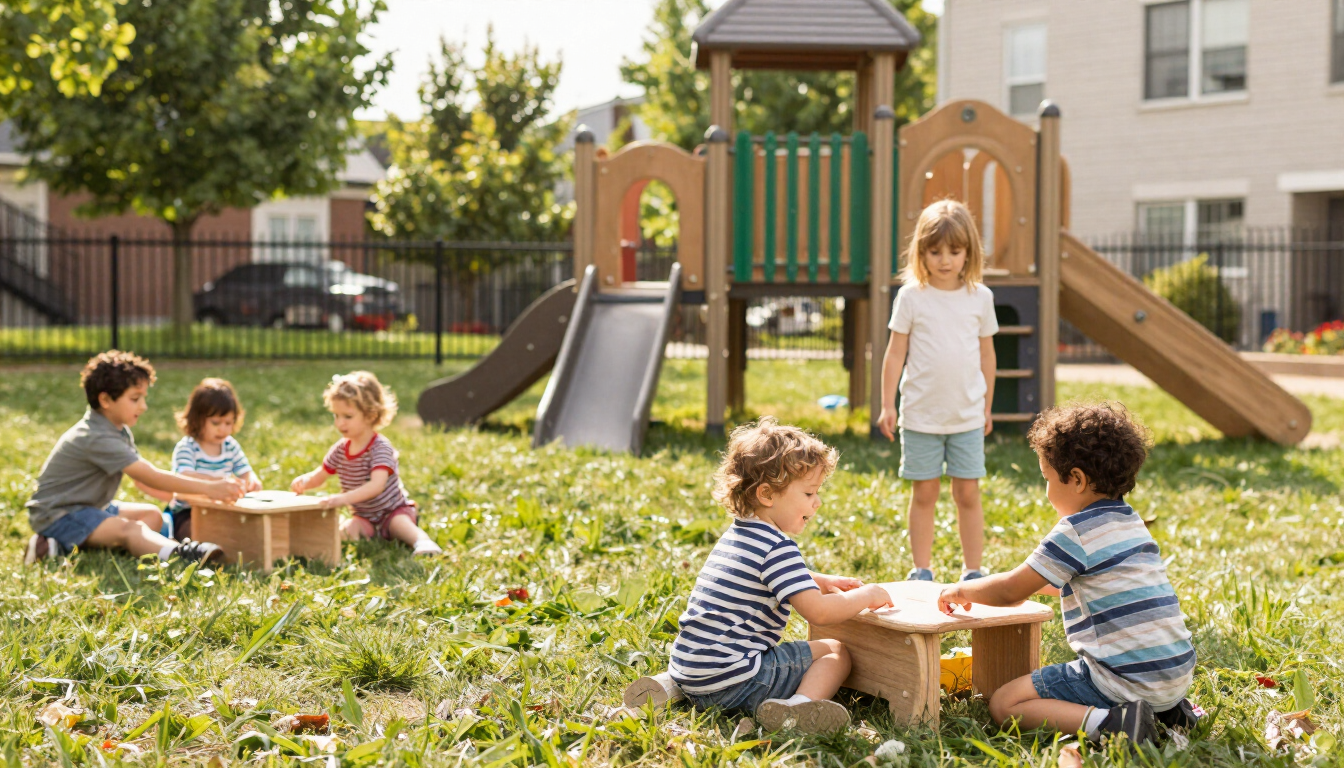 Toddlers playing together outdoors on a sunny daycare playground