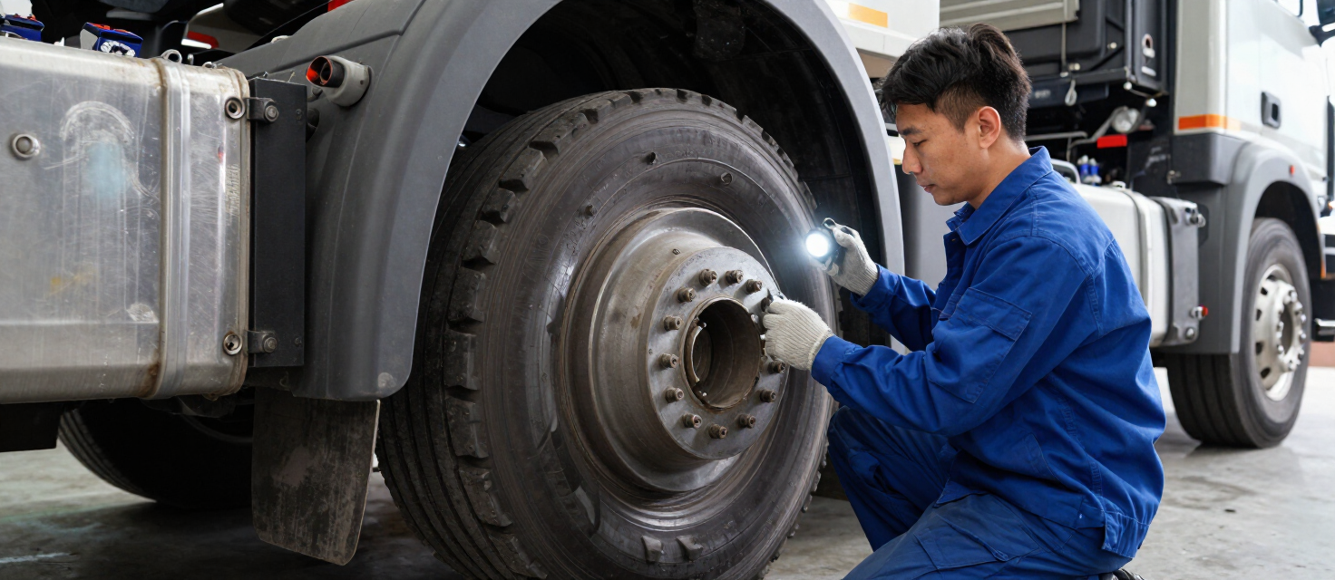 Truck mechanic in a service bay inspecting brake drums and tires of a commercial truck with a flashlight