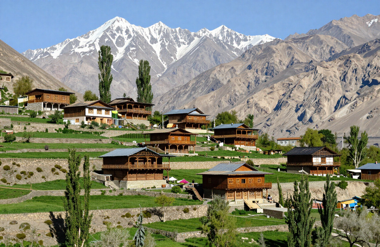 Traditional wooden Kalash villages on terraced hillsides in Bumburet Valley, Chitral