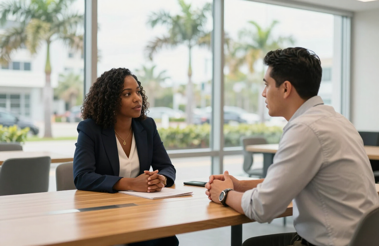 Two professionals in conversation across a table in a Miami office