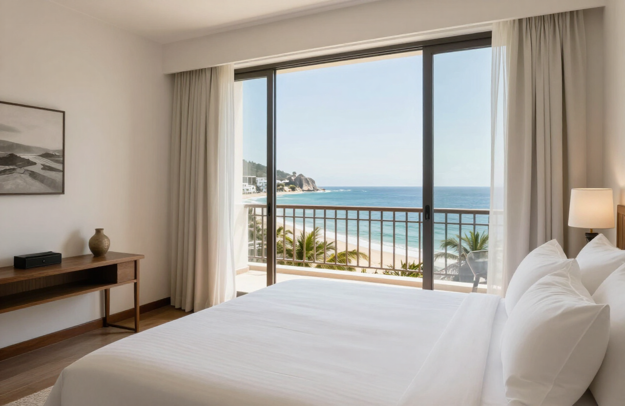 Habitación de hotel con balcón y vista hacia la costa