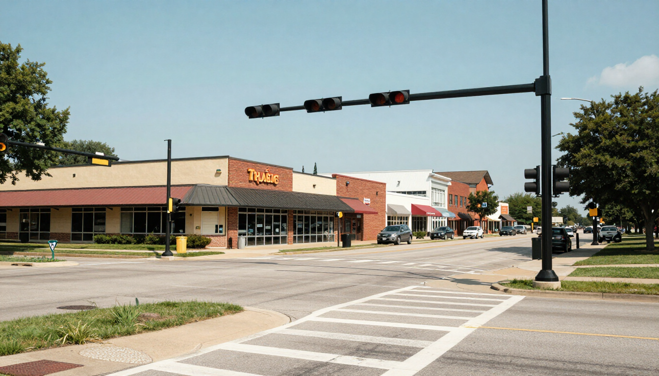 Raytown Missouri suburban intersection with traffic signals, strip mall and crosswalk
