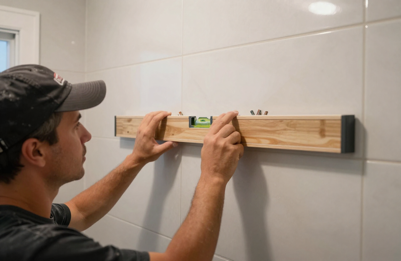 Installer setting large-format wall tile with spacers and a level