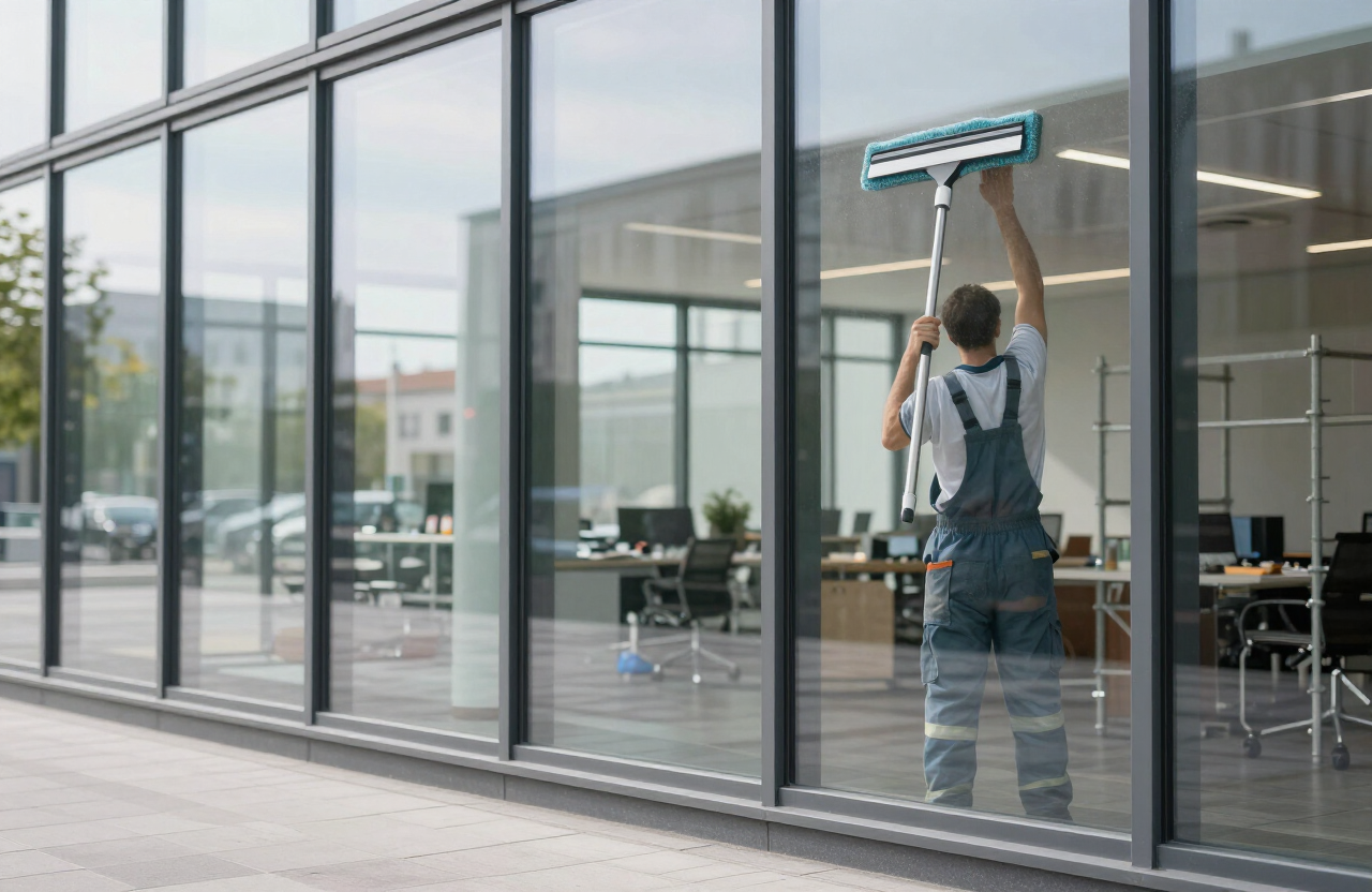 Fensterreinigung mit Abzieher an einer großen Glasfläche