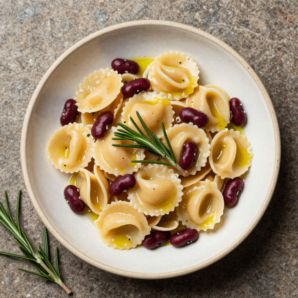 Pasta e fagioli con rosmarino in piatto di ceramica