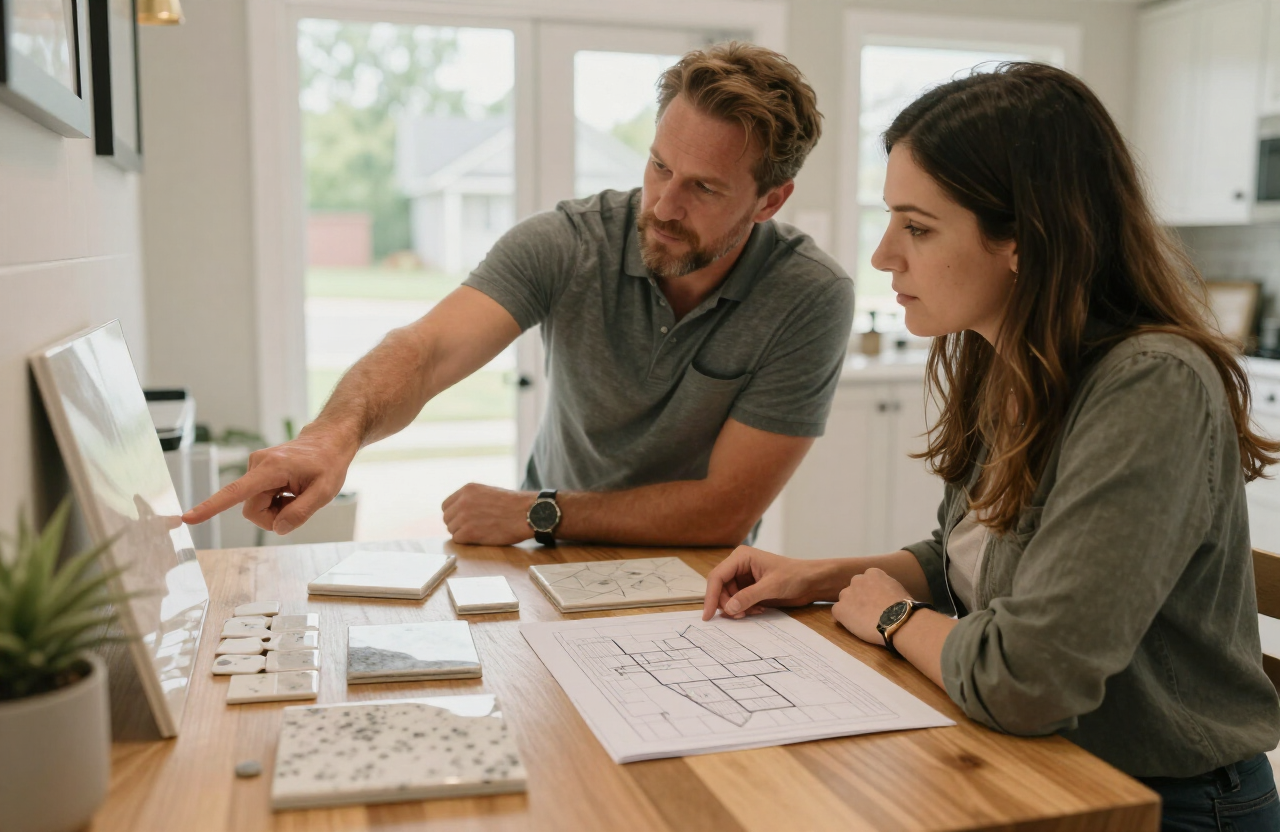 Homeowners and a designer reviewing tile samples and a floor plan