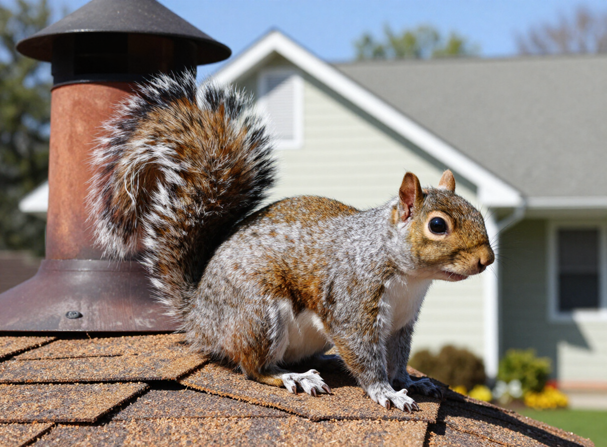 Squirrel on a residential rooftop near the chimney