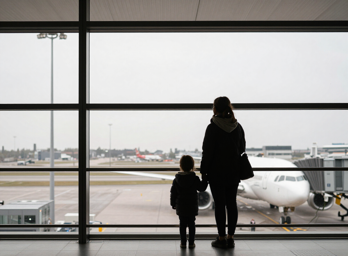 A mother and child watching a plane through an airport window
