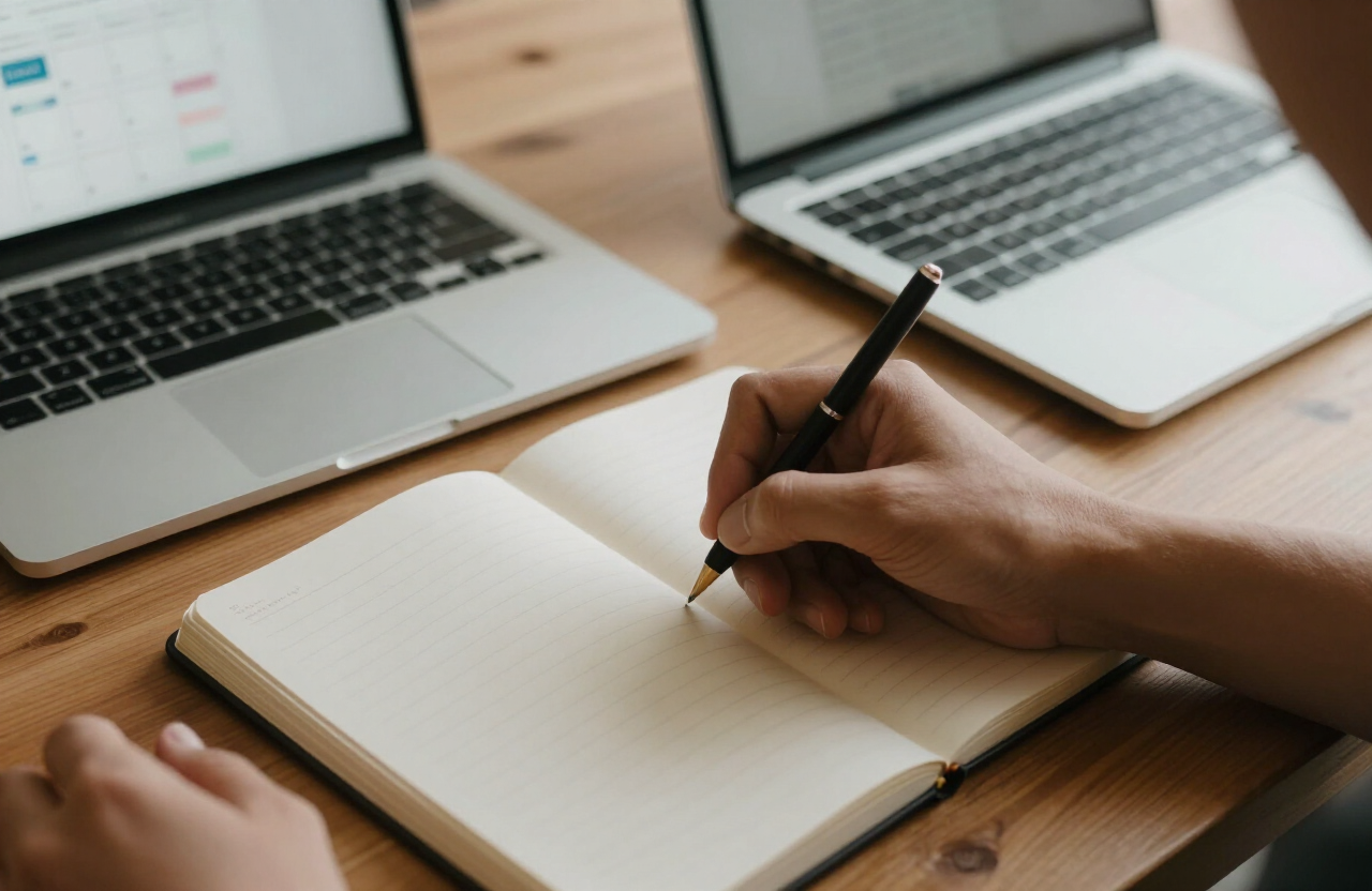 Hands writing in a notebook beside a laptop calendar with scheduled interviews