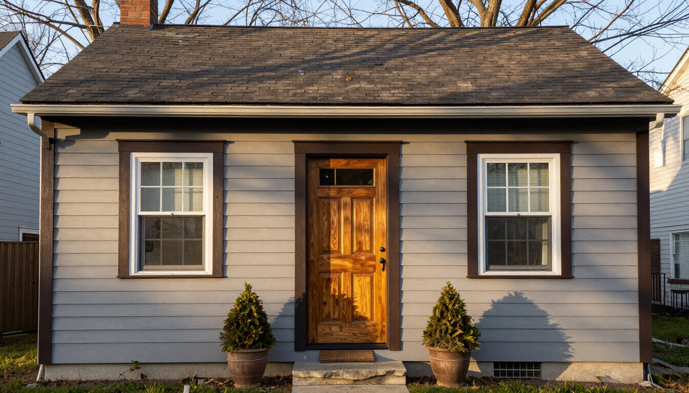 Hasbrouck Heights NJ bungalow after color update with warm gray siding and deep brown trim