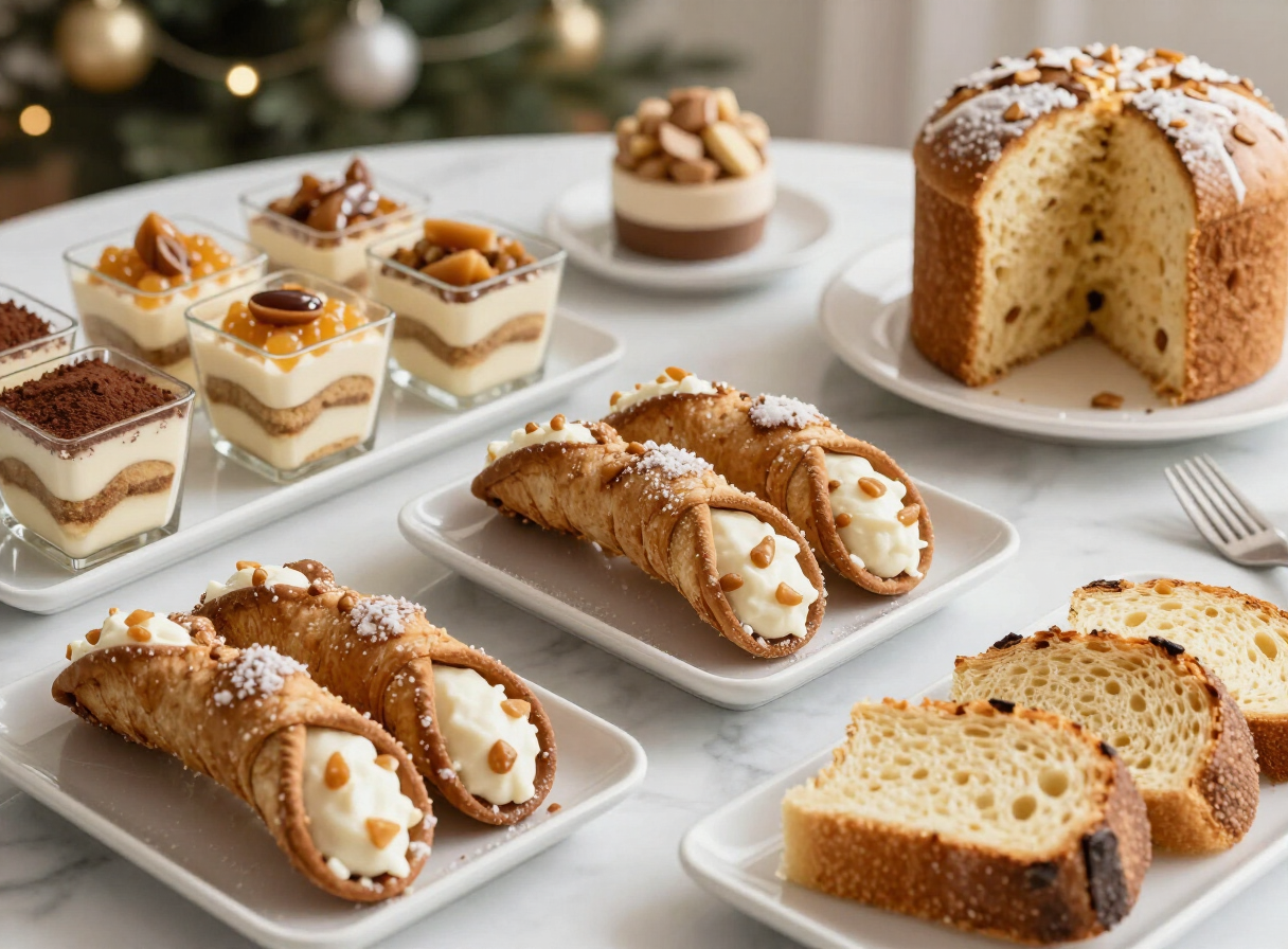 Dolci-Tisch mit Cannoli, Tiramisu, Mandelgebäck und Panettone bei einem italienischen Catering
