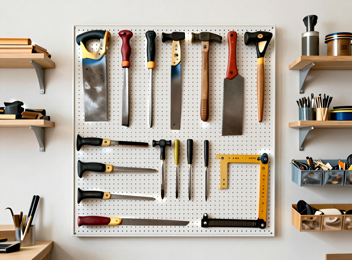 A neatly organized pegboard wall in a small woodworking workshop with hand tools — saws, hammers, chisels, squares, and clamps — each outlined in its place, with wall-mounted shelves beside it