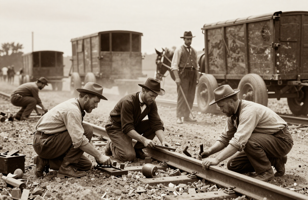 Irish immigrant laborers laying railroad tracks in 19th-century America