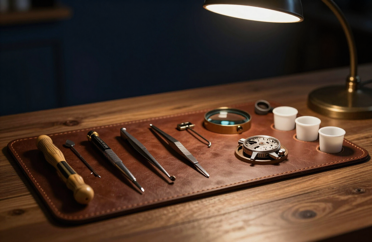 Outils de précision d’horloger disposés sur un tapis de cuir