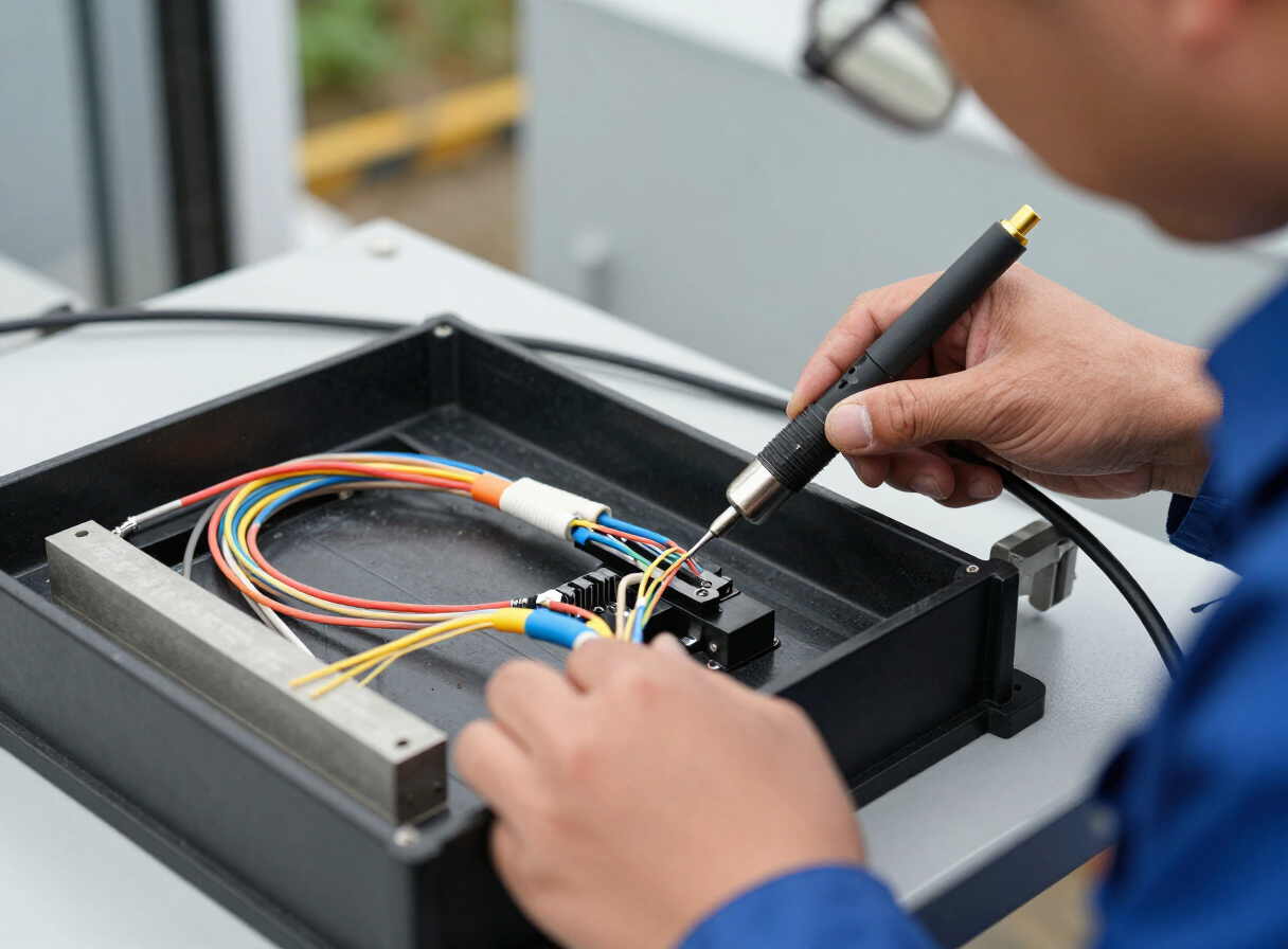 Technician fusion splicing fiber optic cables at a deployment site