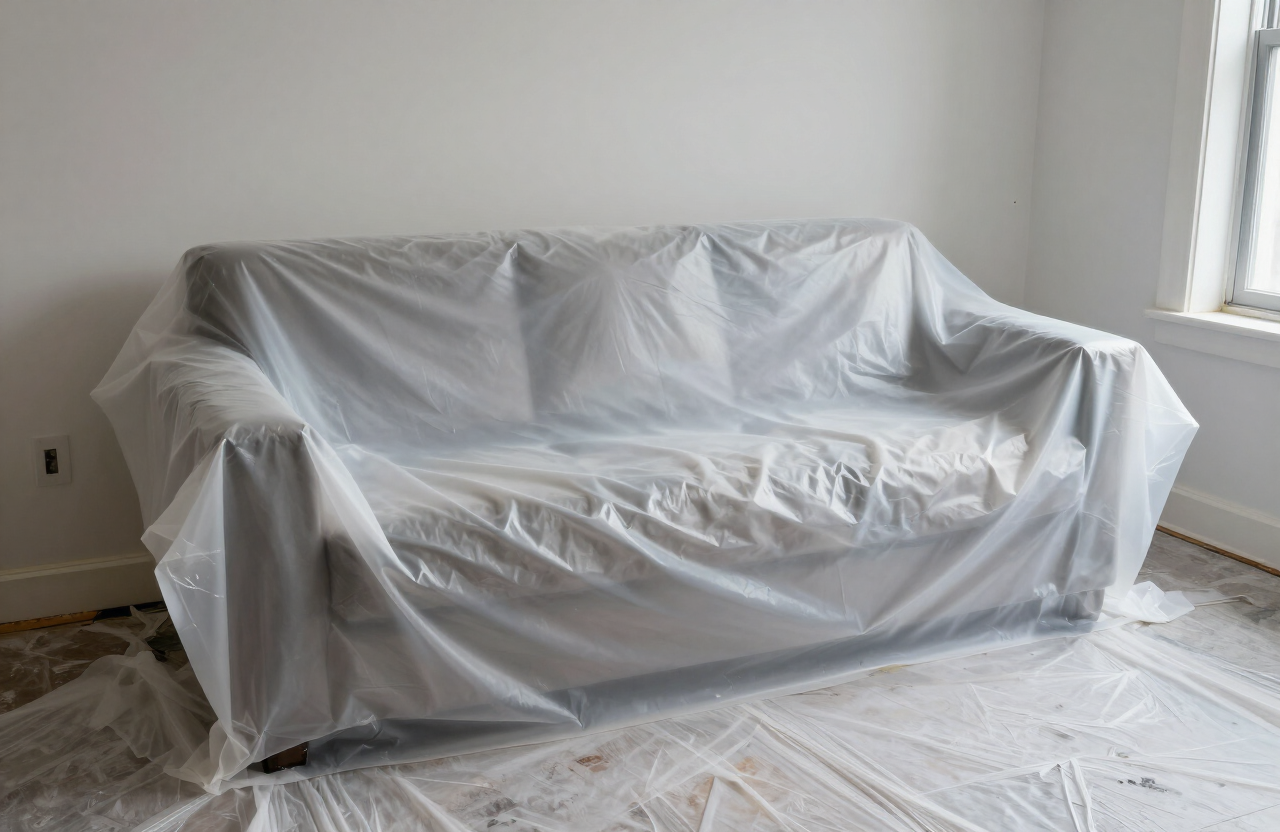Furniture and floors protected with plastic sheeting and drop cloths during interior painting in a West New York NJ apartment