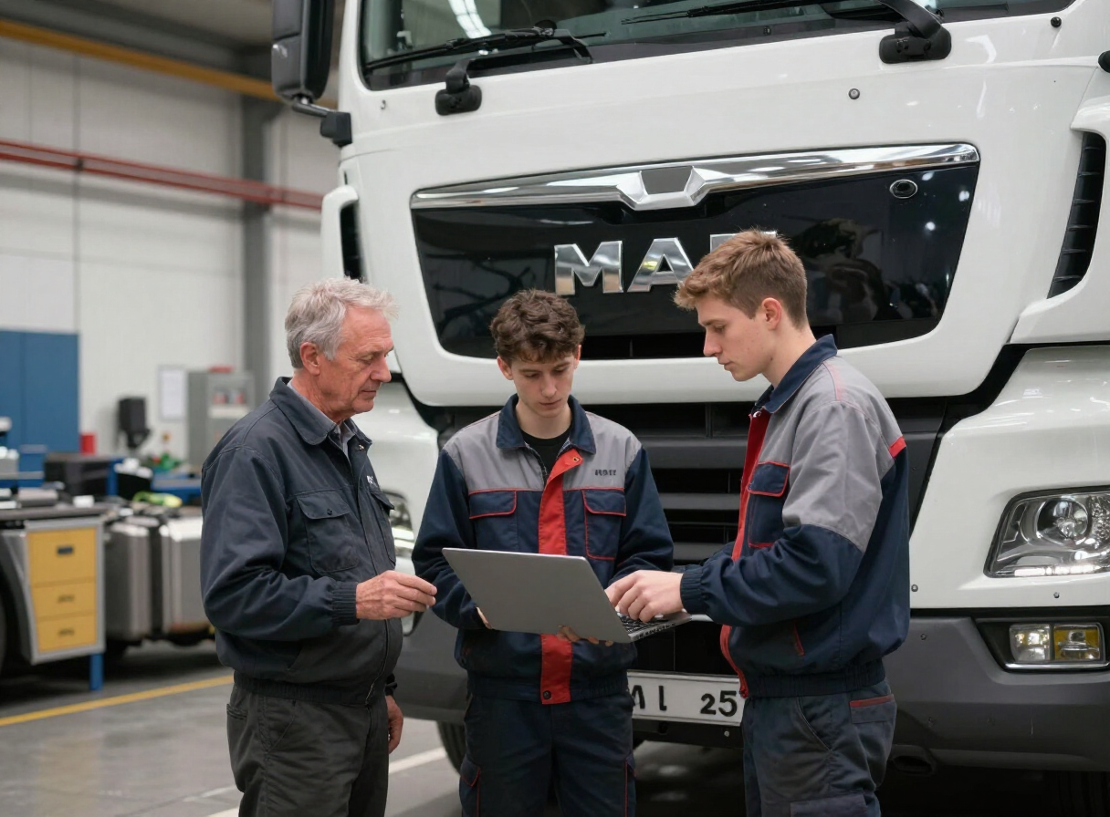 Auszubildende/r lernt gemeinsam mit einem erfahrenen Mitarbeiter an einem MAN-Lkw