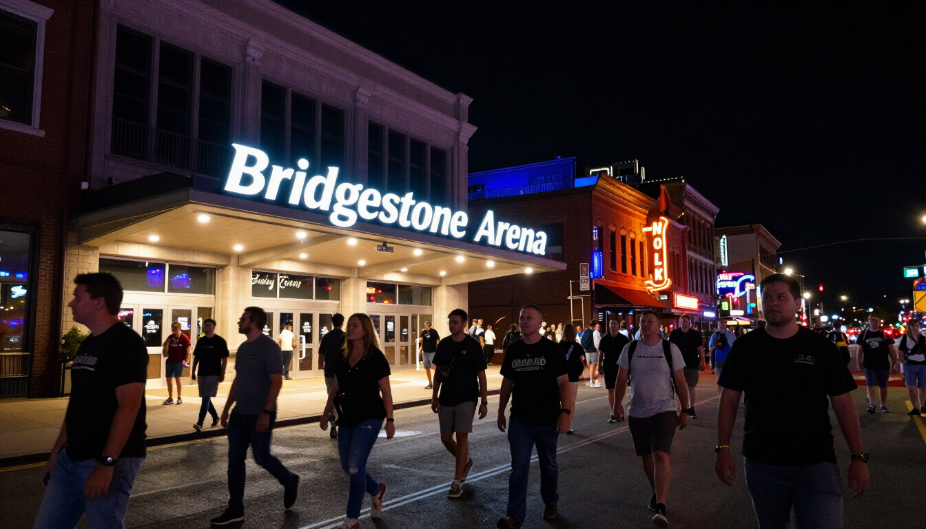Fans arriving for a concert at Bridgestone Arena on Lower Broadway in downtown Nashville at night.