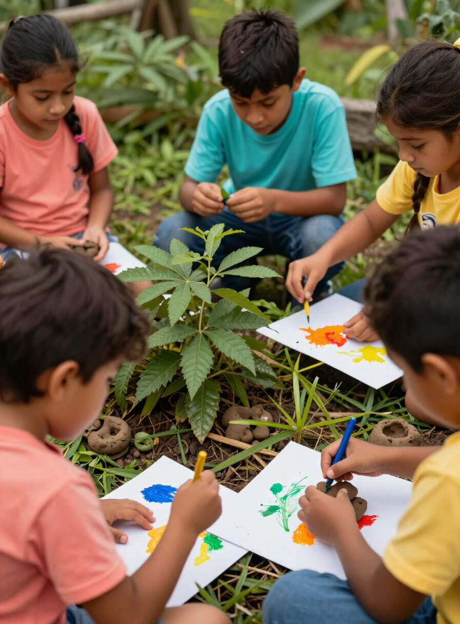Niñas y niños viviendo experiencias prácticas de aprendizaje: pintar con las manos, explorar plantas y modelar con arcilla en la naturaleza