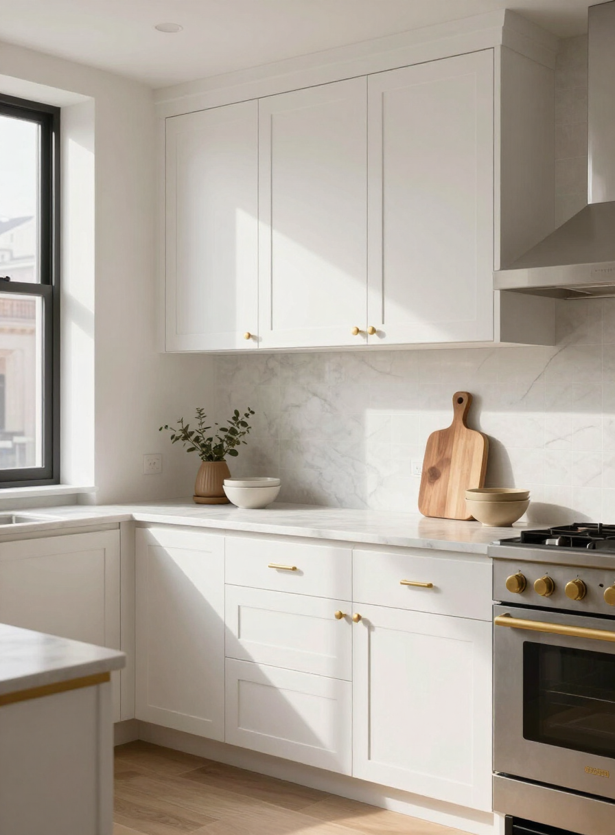 Bright modern kitchen with white oak cabinets, marble countertop, and brass fixtures