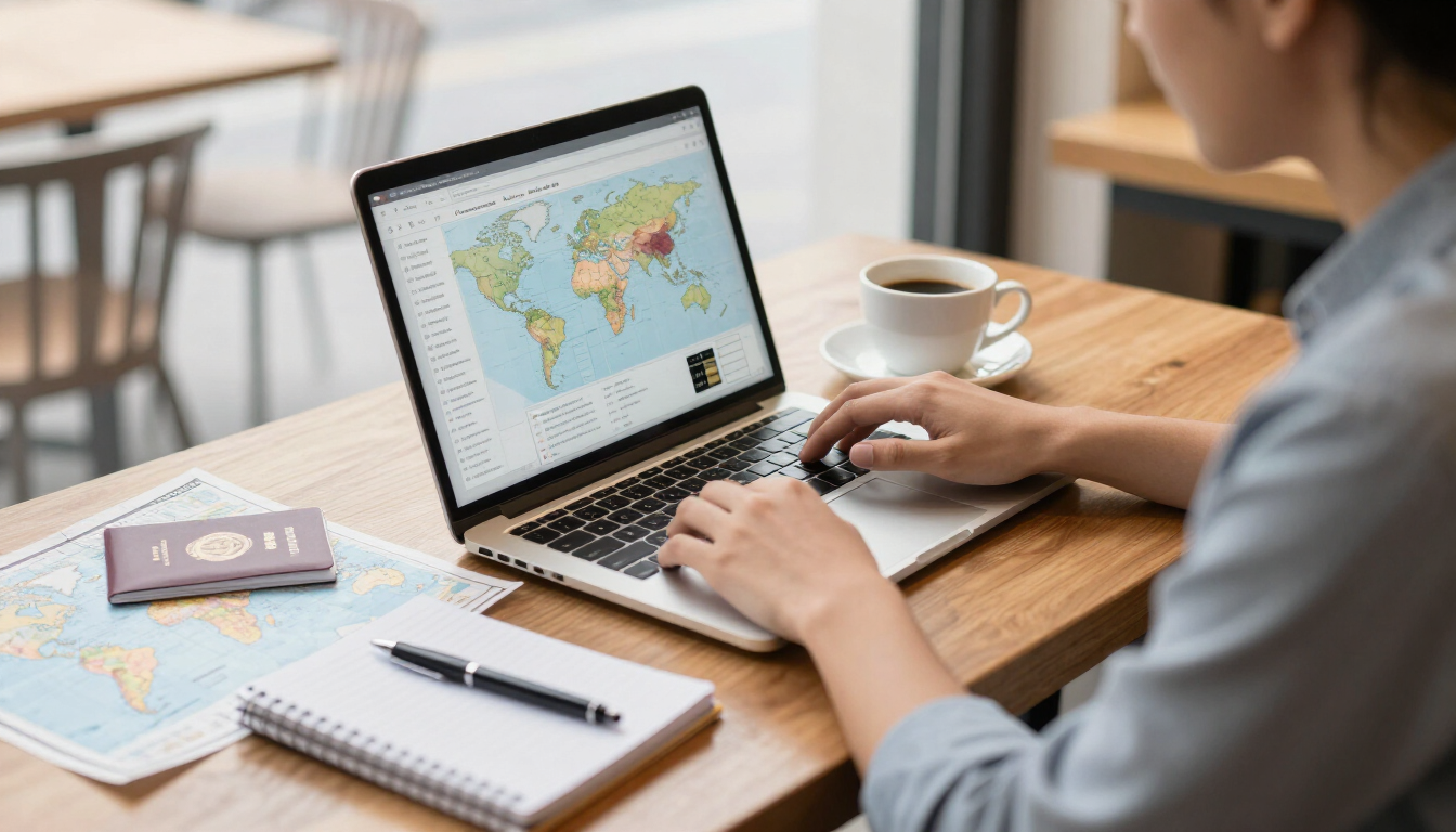 International traveler planning a trip budget on a laptop with a notebook, passport, and world map on the table
