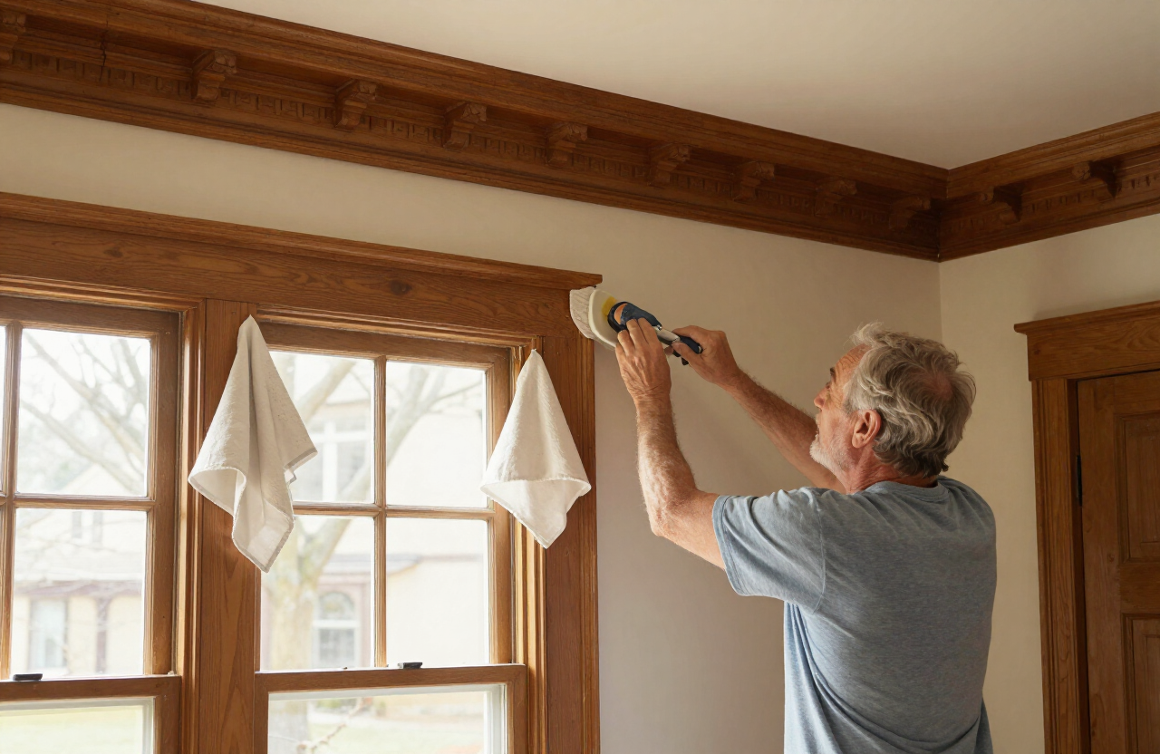 Illustrative image of detailed original wood trim, crown molding, and a window being prepared for painting in an older Northern New Jersey home — not a specific Tenafly project.