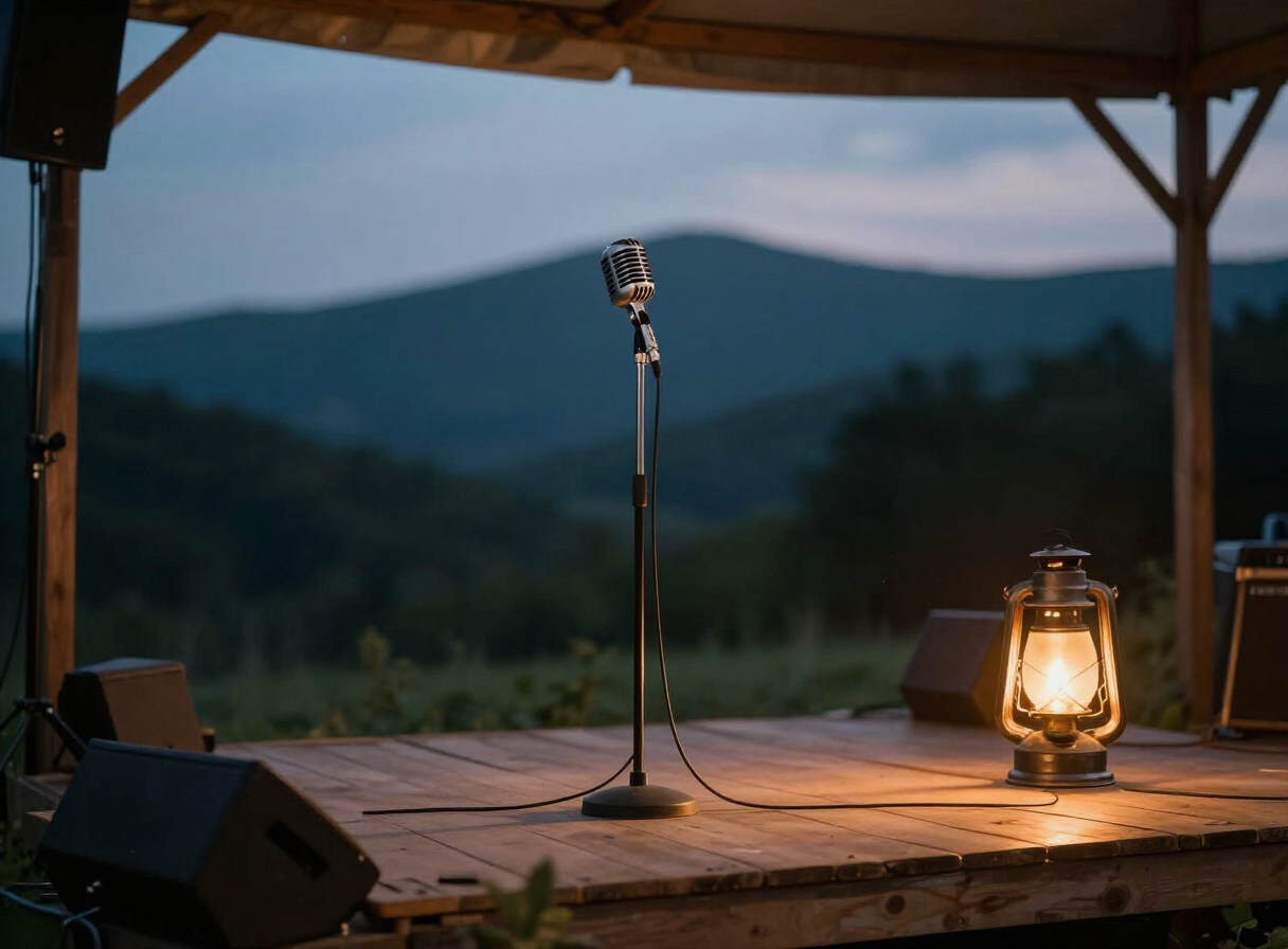A vintage microphone on a small wooden festival stage at dusk in the Appalachian mountains