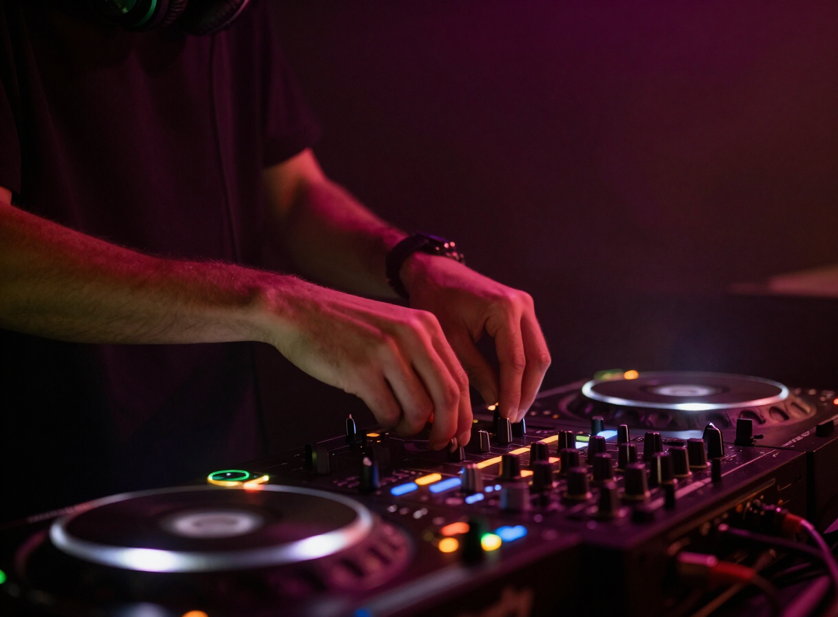 DJ with headphones working a mixer under green and magenta club lights