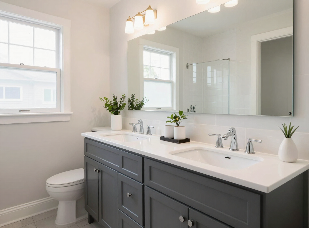 Renovated modern bathroom with new fixtures after plumbing work