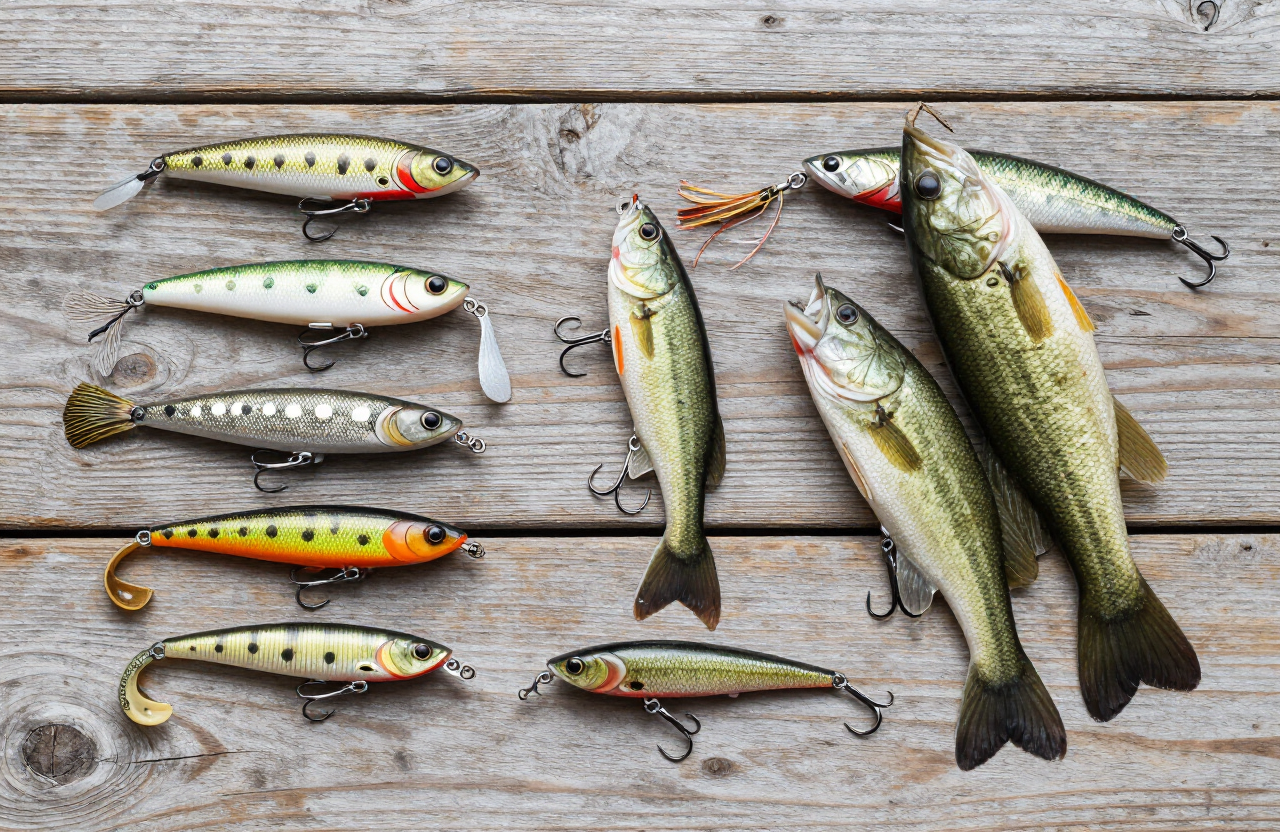 Colección de señuelos de pesca para lubina y musky — crankbaits, plásticos blandos, spinnerbaits y plugs de superficie — sobre madera envejecida