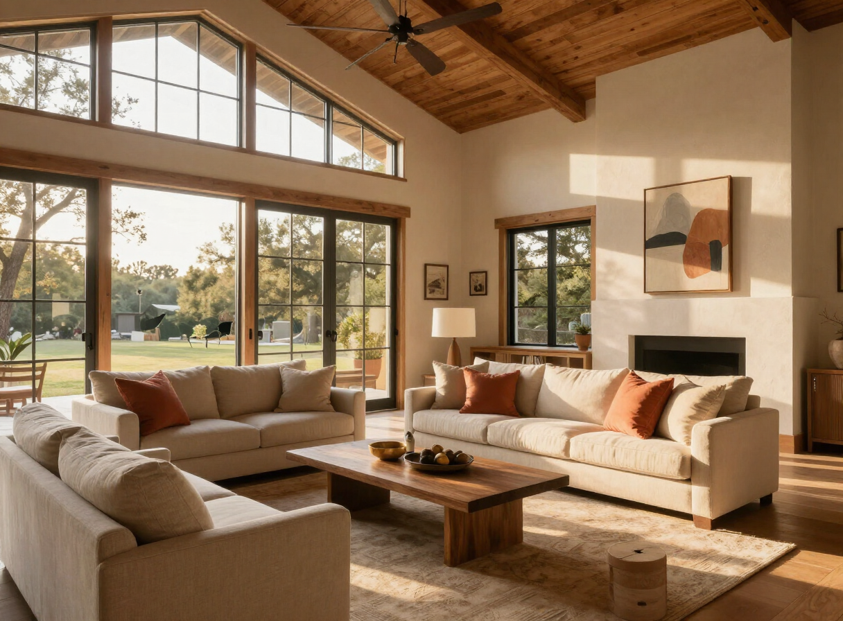 Warm, sunlit staged modern farmhouse living room representing the homes Waystone Homes tells stories about