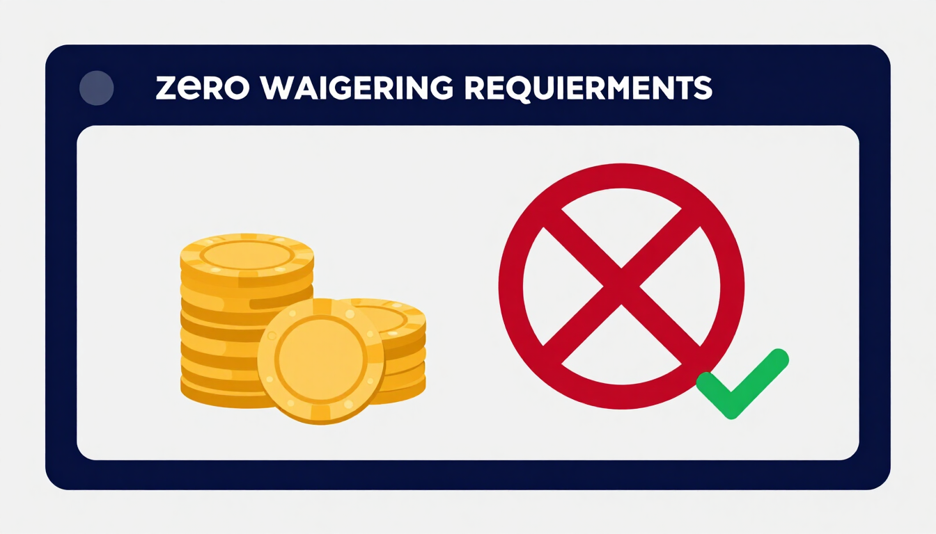 Golden casino chips and coins next to a crossed-out playthrough loop arrow in brand red, representing zero wagering requirements