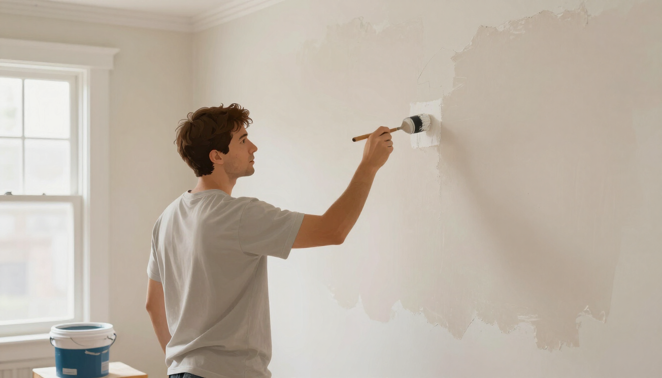 Illustrative painter priming repaired plaster and patched areas on a wall inside an older Englewood NJ home