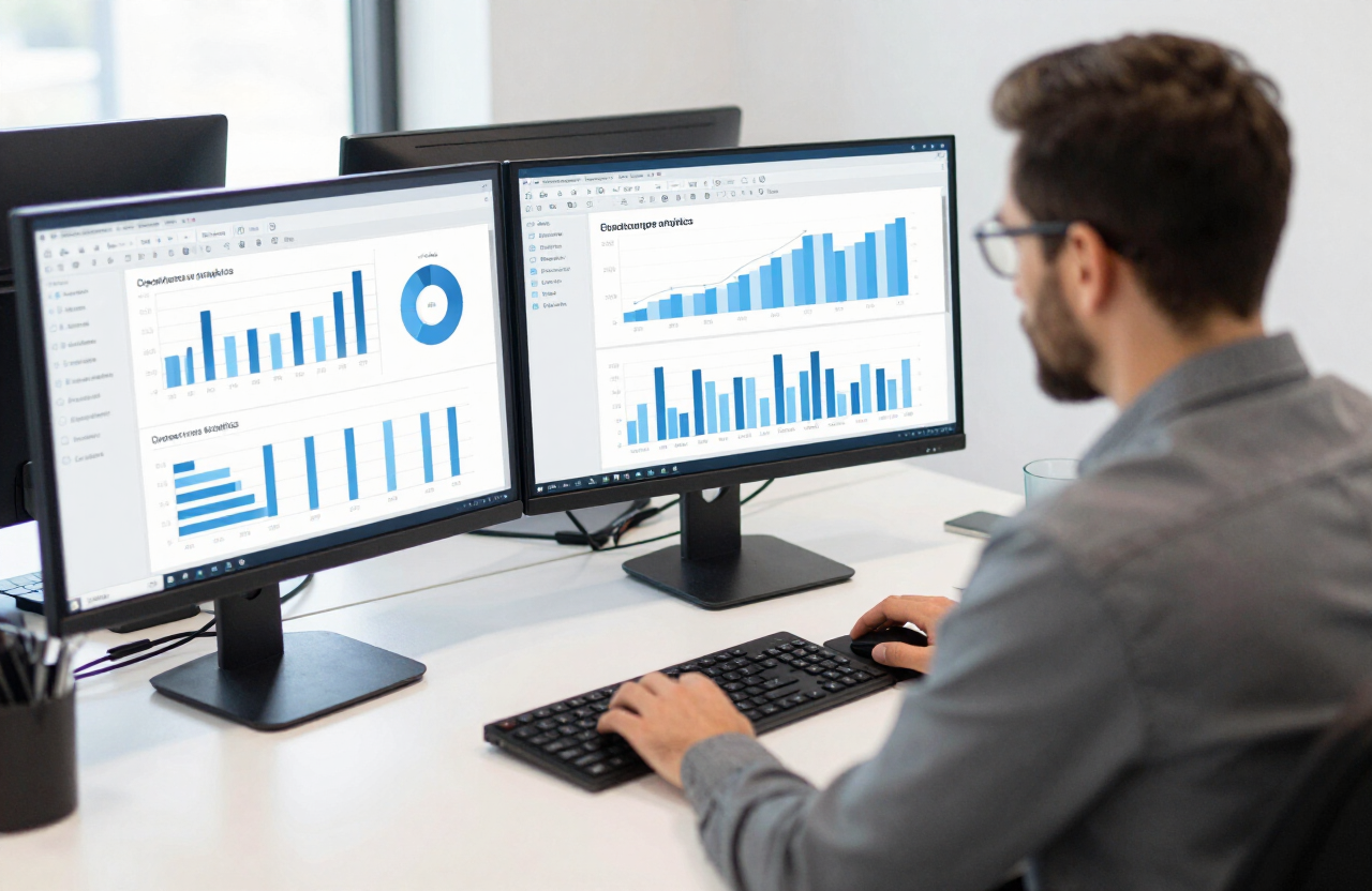 Marketing specialist reviewing Amazon PPC campaign performance graphs on dual monitors