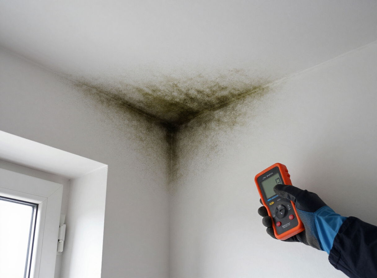 Surveyor taking a moisture reading on a mould-affected wall