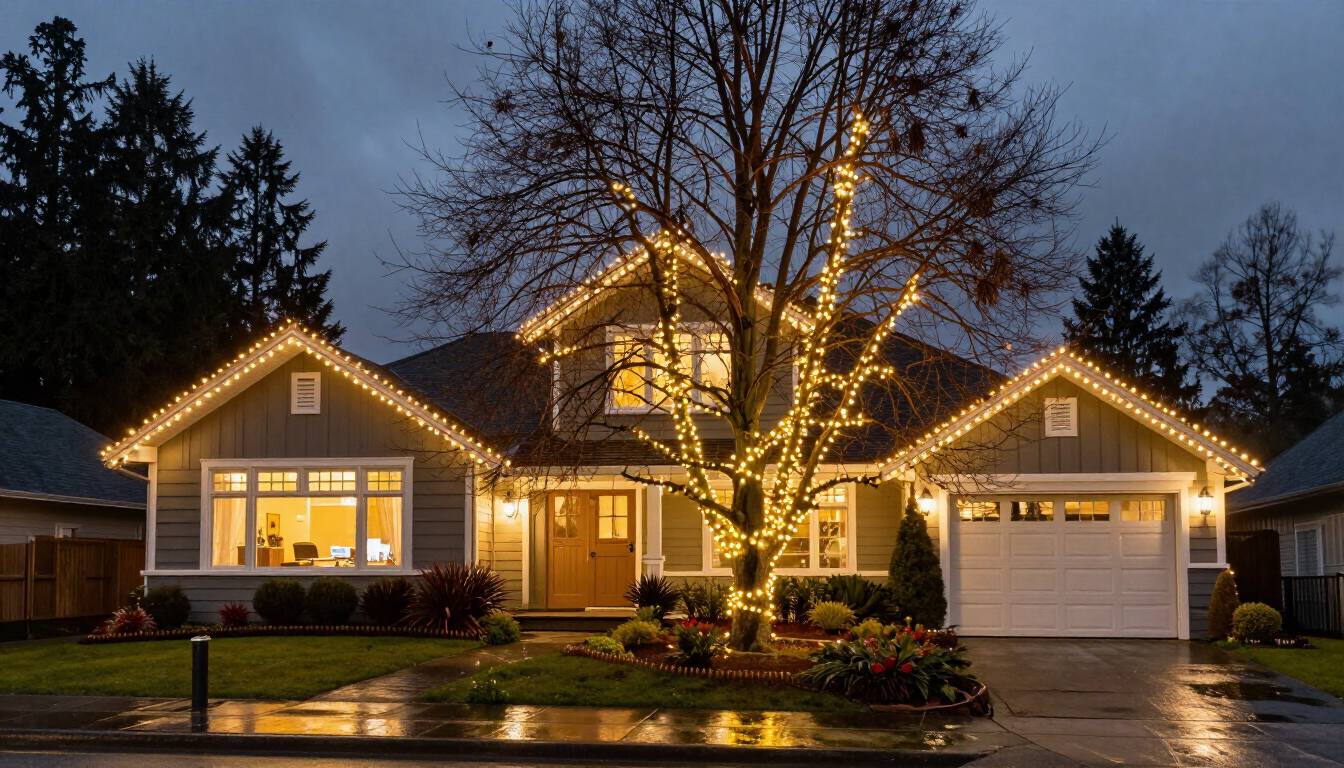 Window trim Christmas lights in Surrey with border lighting and yuletide interior festive display.