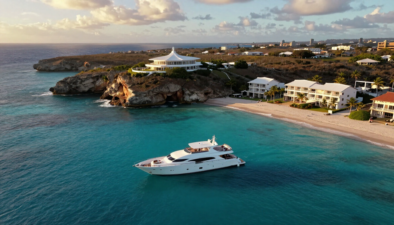 Aerial view of Curaçao's turquoise coastline with a luxury yacht
