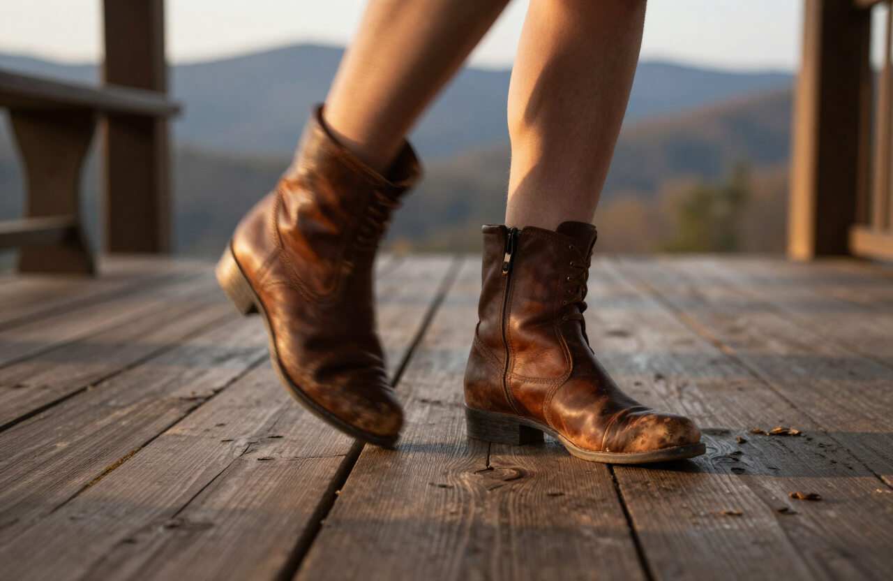 Worn leather flatfoot dancing boots on a weathered wooden porch floor in the Appalachian mountains, suggesting traditional mountain dance