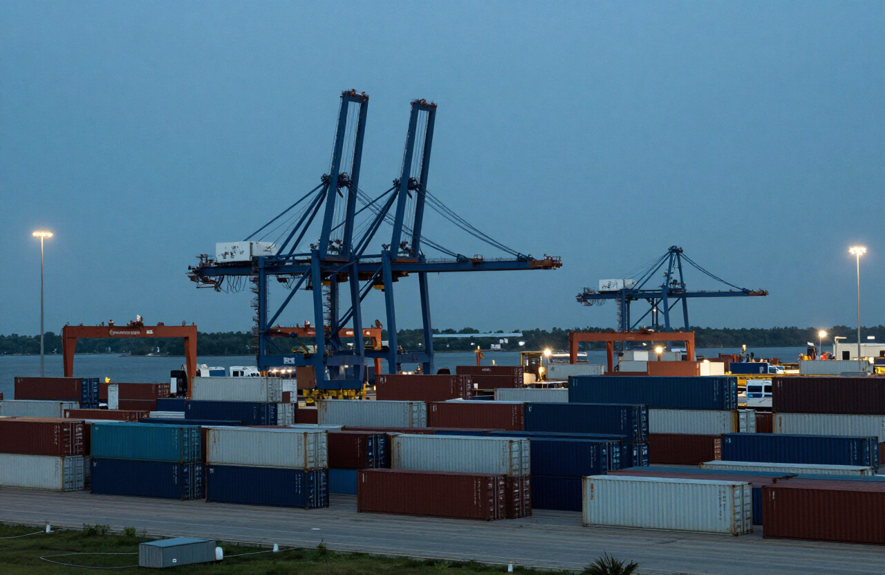 Container yard and cranes at the Port of Mobile at blue hour