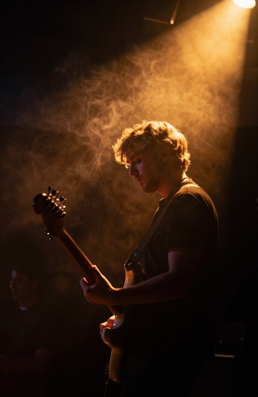Guitarist in profile beneath an amber spotlight with smoke catching the beams