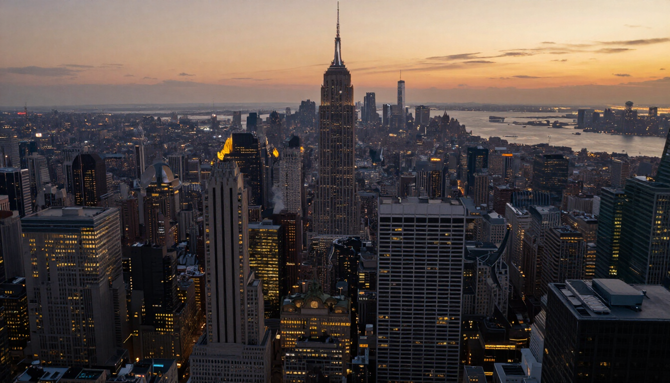 Aerial view of Midtown Manhattan and Madison Square Garden at dusk, highlighting central areas to stay for New York City concerts