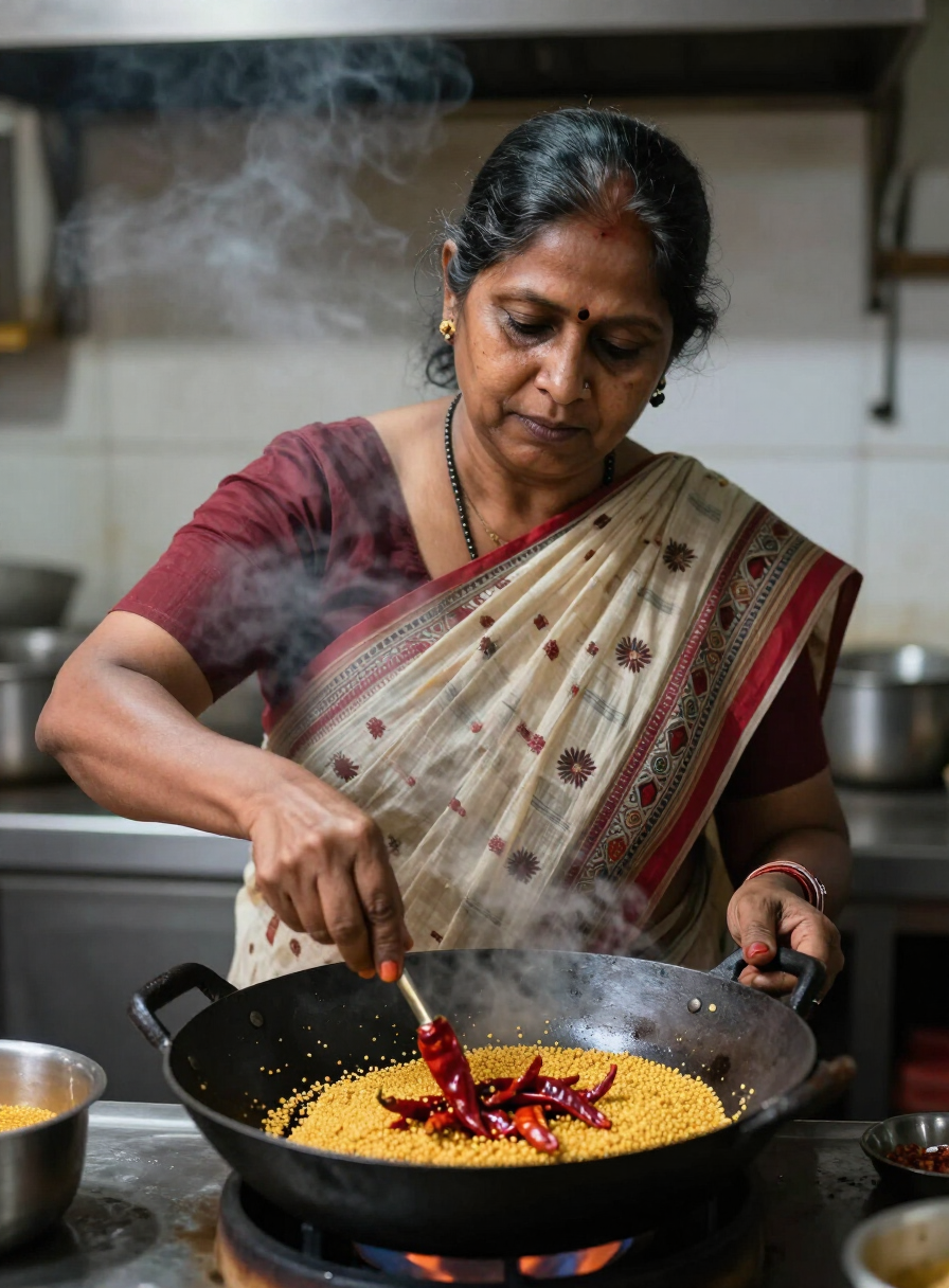 Puja tempering mustard seeds and dried chillies in her kitchen