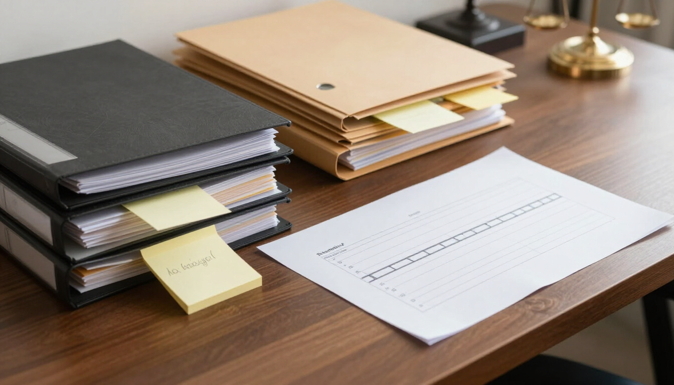 Desk with case files and documents representing a demand package