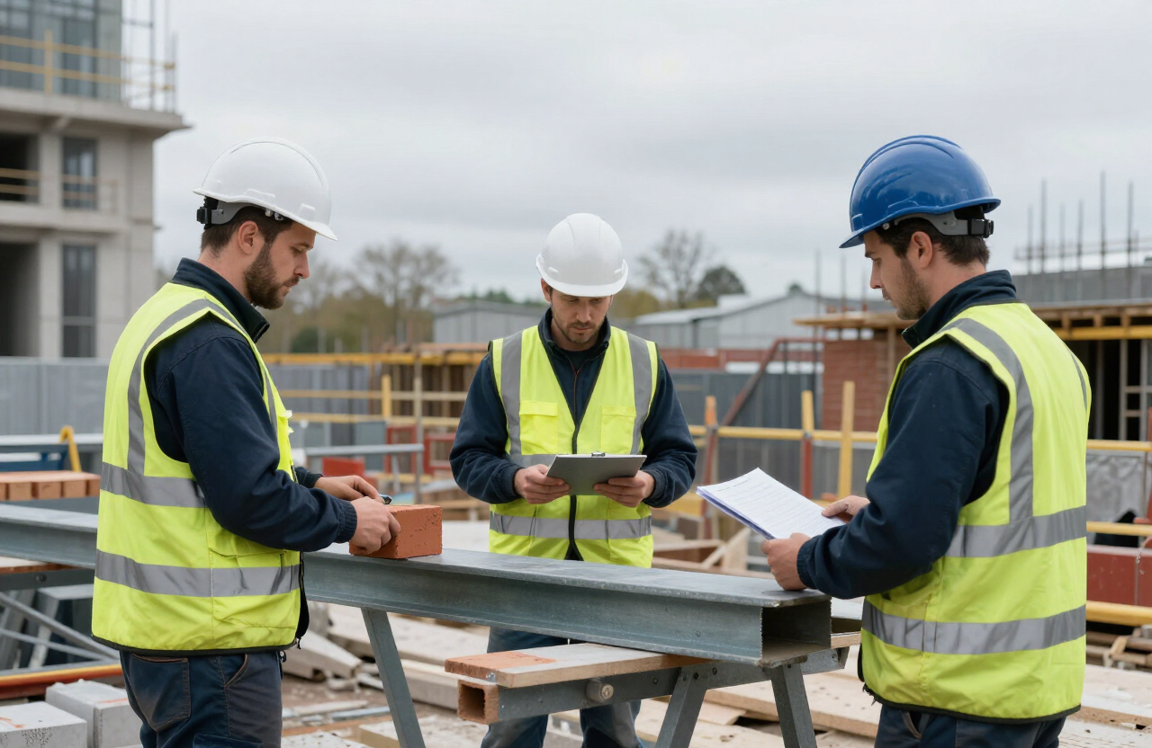Skilled construction tradespeople working on a UK building site