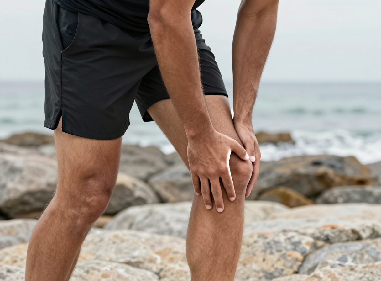 Hands supporting a bent knee during outdoor recovery